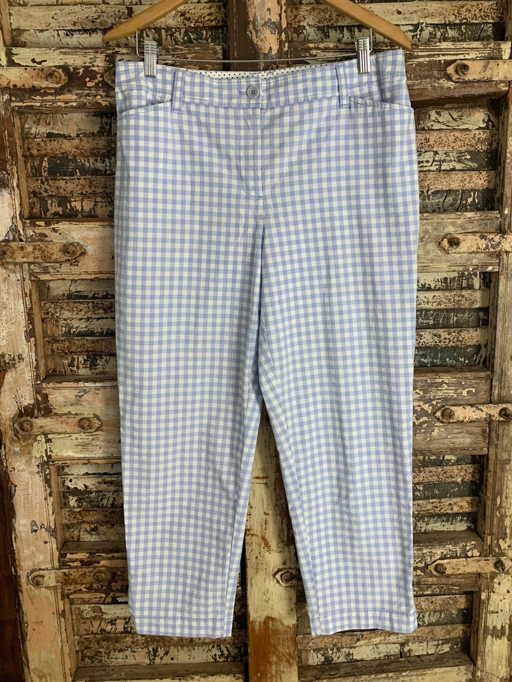 Talbots Perfect Crop Pants Blue White Gingham Cotton Stretch, Coastal, EUC, 10